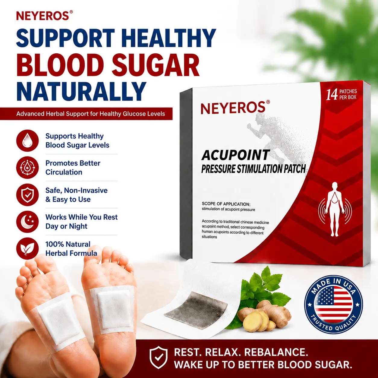 NEYEROS® | Blood Sugar Support Foot Patches – Natural Overnight Acupoint Wellness Patches