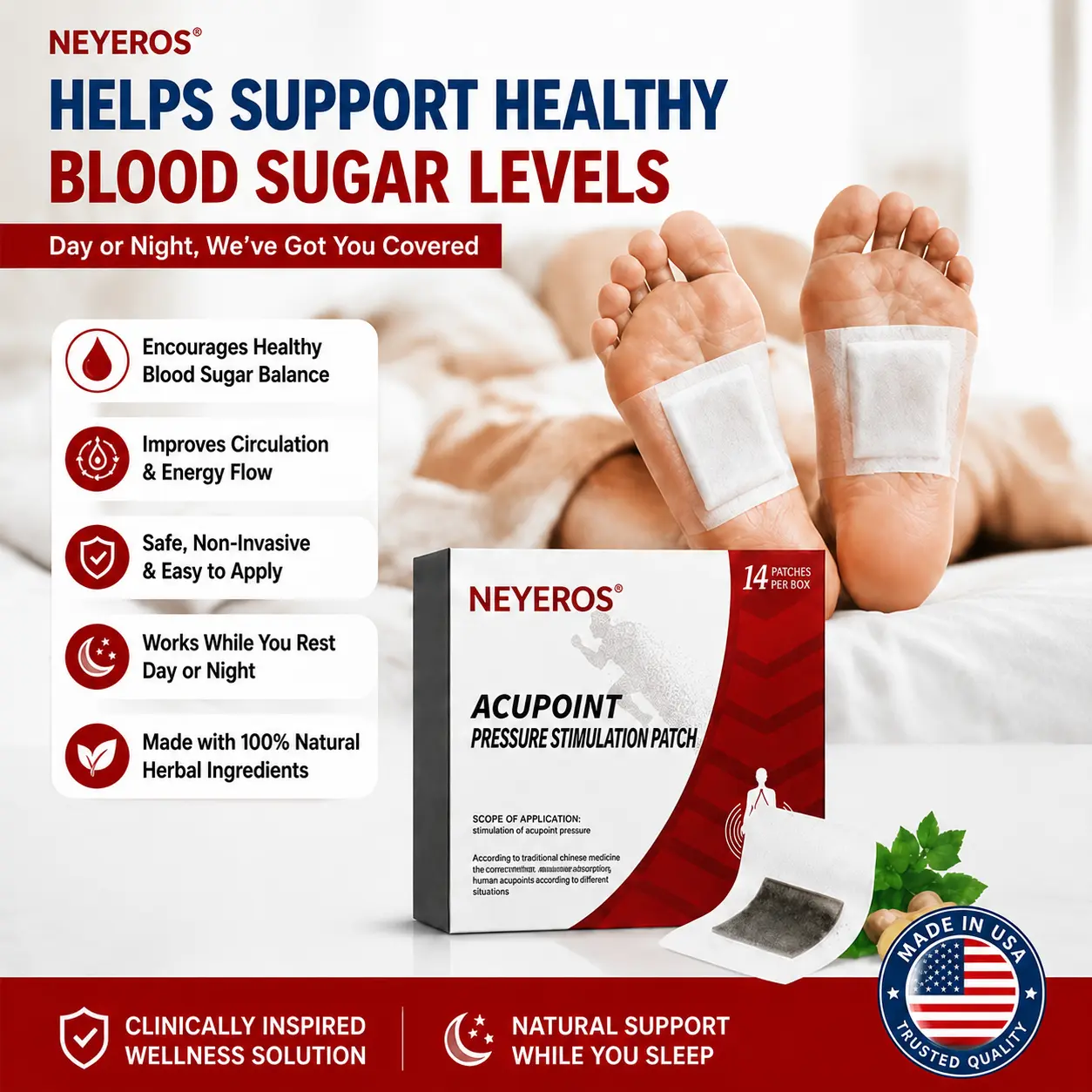 NEYEROS® | Blood Sugar Support Foot Patches – Natural Overnight Acupoint Wellness Patches